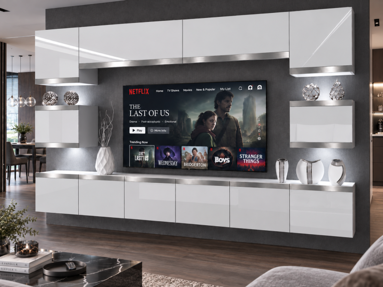 Meblościanka Prestige 300 cm TV/RTV biała połysk Producent IMP P Tarantino 3/5/W/W/0/0/SL