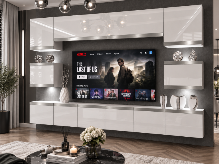 Meblościanka Prestige 300 cm TV/RTV biała połysk Producent IMP P Tarantino 3/5/W/W/0/0/SL