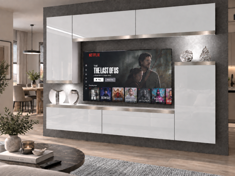 Meblościanka Prestige 250 cm TV/RTV biała połysk Producent IMP P Woody 8/5/W/W/0/0/SL