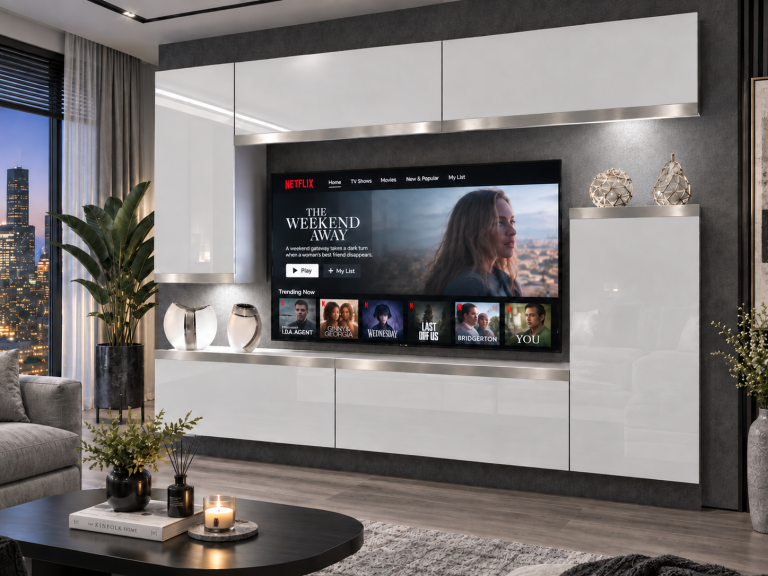 Meblościanka Prestige 250 cm TV/RTV biała połysk Producent IMP P Woody 8/5/W/W/0/0/SL