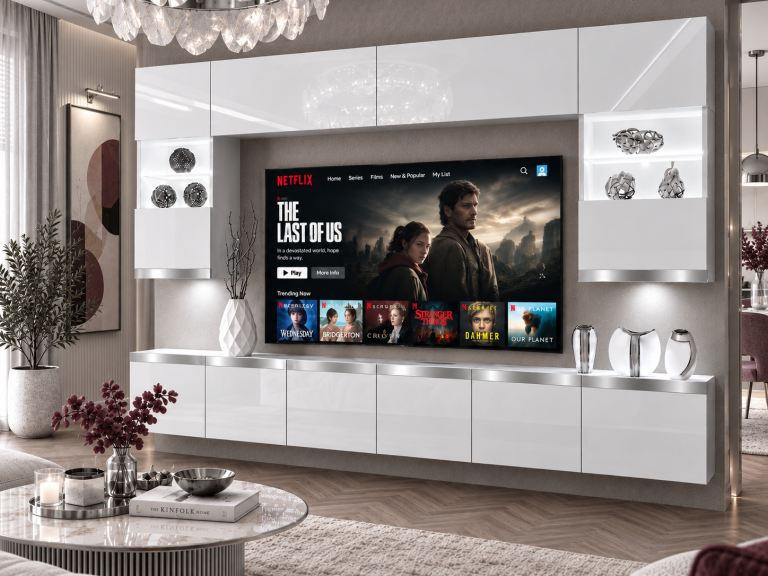Meblościanka Prestige 300 cm TV/RTV biała połysk Producent IMP P1 Nolan 1/5/W/W/0/0/SL