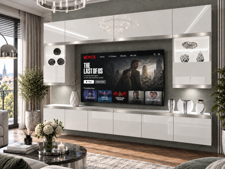 Meblościanka Prestige 300 cm TV/RTV biała połysk Producent IMP P2 Nolan 1/5/W/W/0/0/SL