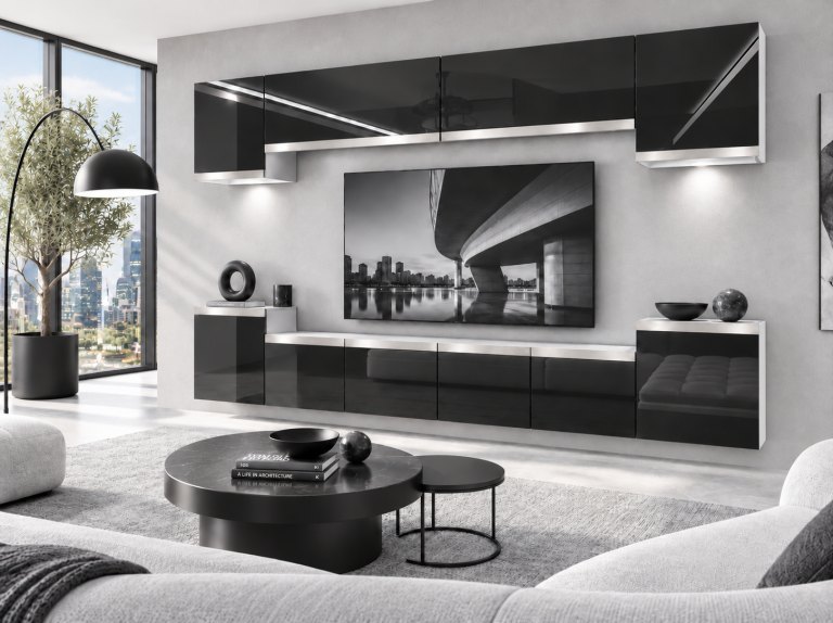 Meblościanka Prestige 300 cm TV/RTV czarna połysk Producent IMP P Hepburn 4/5/W/B/0/0/SL