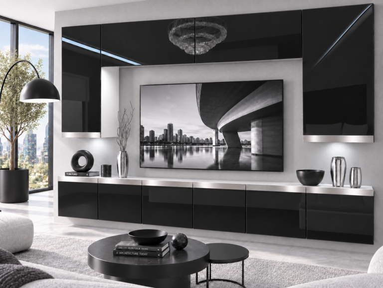 Meblościanka Prestige 300 cm TV/RTV czarna połysk Producent IMP P Monroe 2/5/W/B/0/0/SL