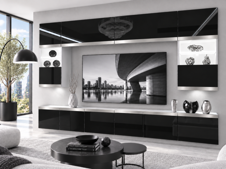 Meblościanka Prestige 300 cm TV/RTVczarna połysk Producent IMP P2 Nolan 1/5/W/B/0/0/SL