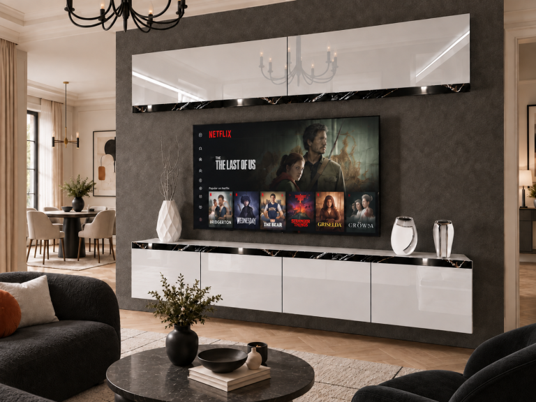 Meblościanka Prestige 200 cm TV/RTV biała połysk Producent IMP P Brando 6/5/W/W/0/0/CS