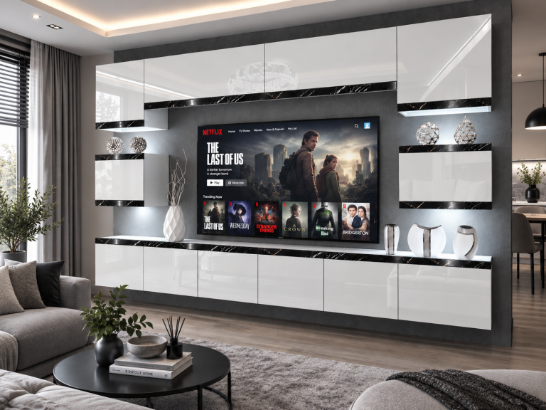 Meblościanka Prestige 300 cm TV/RTV biała połysk Producent IMP P Tarantino 3/5/W/W/0/0/CS