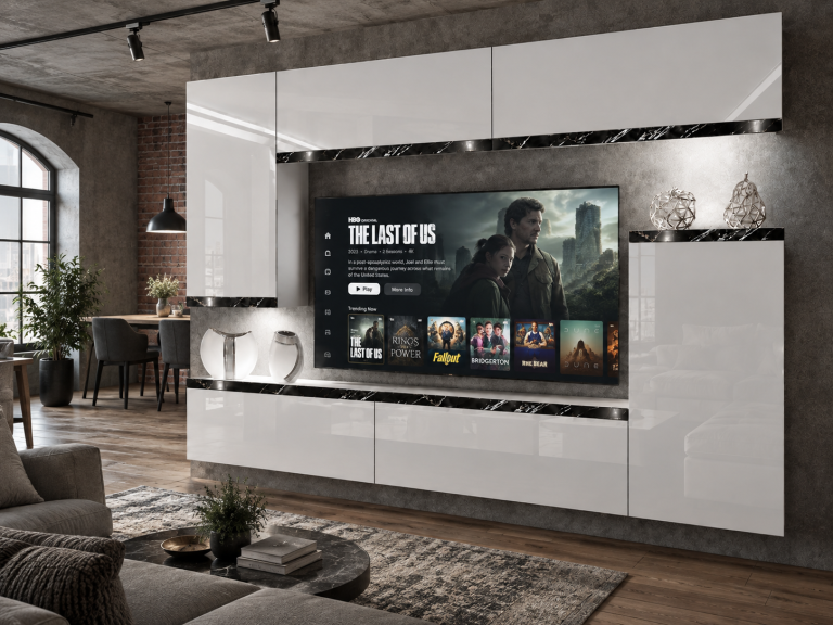 Meblościanka Prestige 250 cm TV/RTV biała połysk Producent IMP P Woody 8/5/W/W/0/0/CS