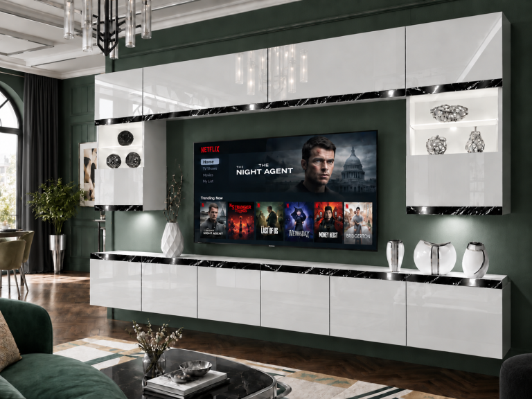 Meblościanka Prestige 300 cm TV/RTV biała połysk Producent IMP P2 Nolan 1/5/W/W/0/0/CS