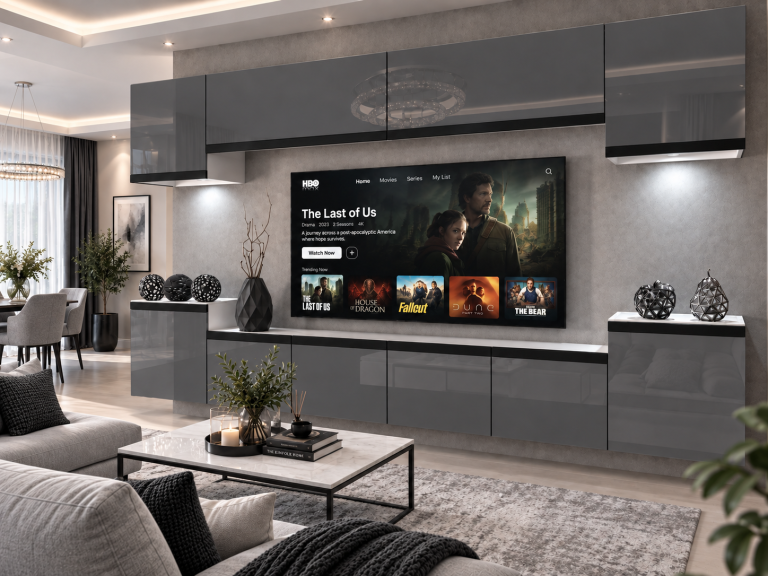 Meblościanka Prestige 300 cm TV/RTV szara połysk Producent IMP P Hepburn 4/5/W/S/0/0/CM