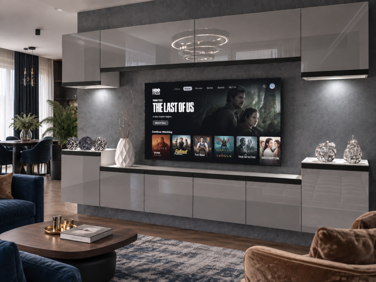 Meblościanka Prestige 300 cm TV/RTV szara połysk Producent IMP P Hepburn 4/5/W/S/0/0/CM
