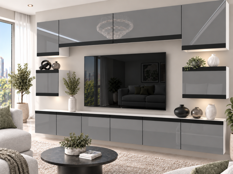Meblościanka Prestige 300 cm TV/RTV szara połysk Producent IMP P Tarantino 3/5/W/S/0/0/CM