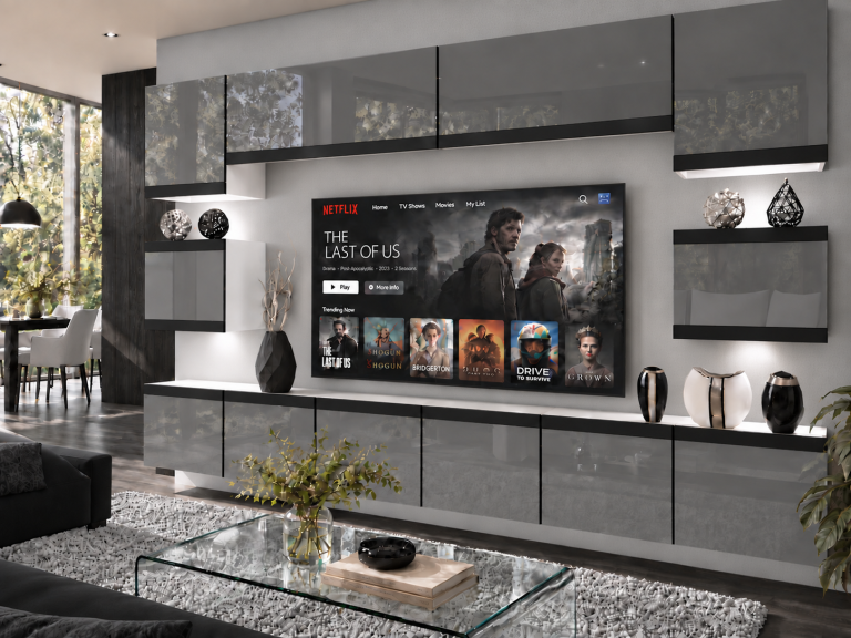 Meblościanka Prestige 300 cm TV/RTV szara połysk Producent IMP P Tarantino 3/5/W/S/0/0/CM