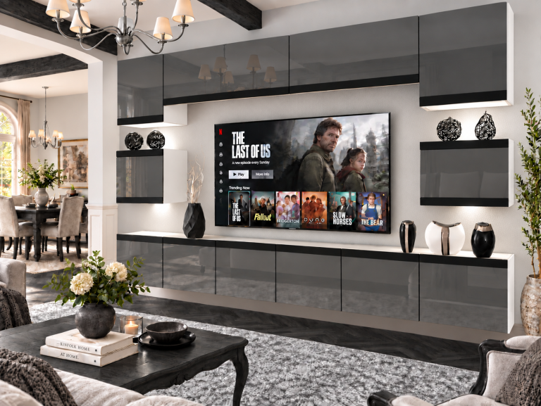 Meblościanka Prestige 300 cm TV/RTV szara połysk Producent IMP P Tarantino 3/5/W/S/0/0/CM