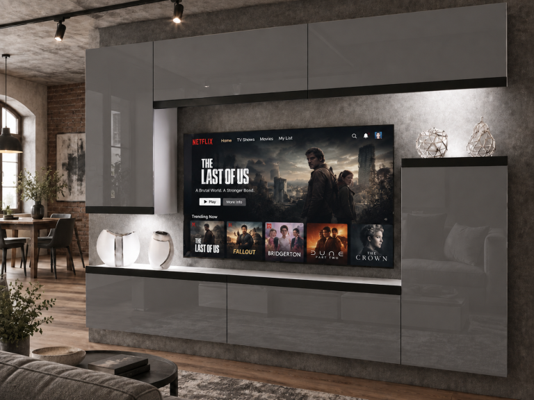 Meblościanka Prestige 250 cm TV/RTV szara połysk Producent IMP P Woody 8/5/W/S/0/0/CM