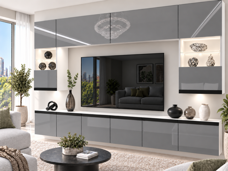 Meblościanka Prestige 300 cm TV/RTV szara połysk Producent IMP P1 Nolan 1/5/W/S/0/0/CM