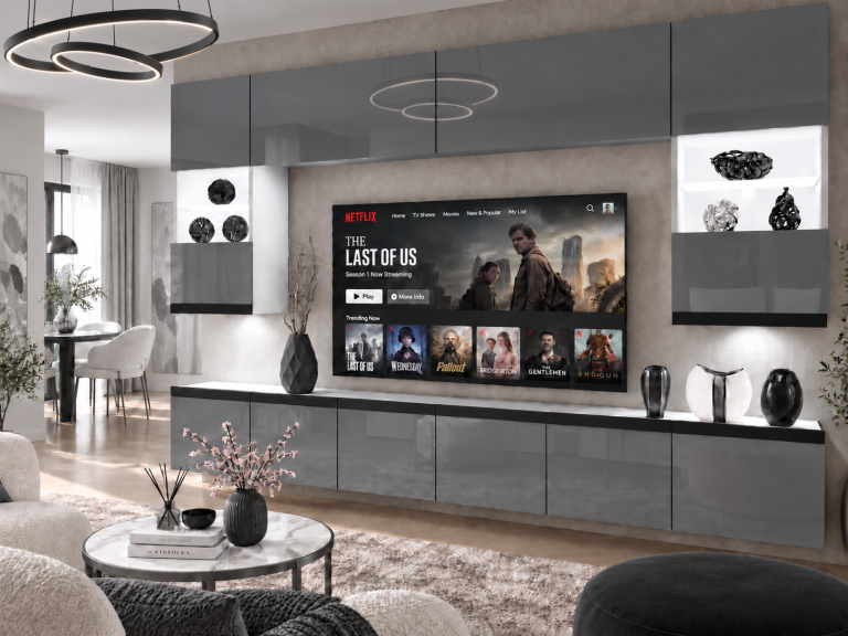 Meblościanka Prestige 300 cm TV/RTV szara połysk Producent IMP P1 Nolan 1/5/W/S/0/0/CM