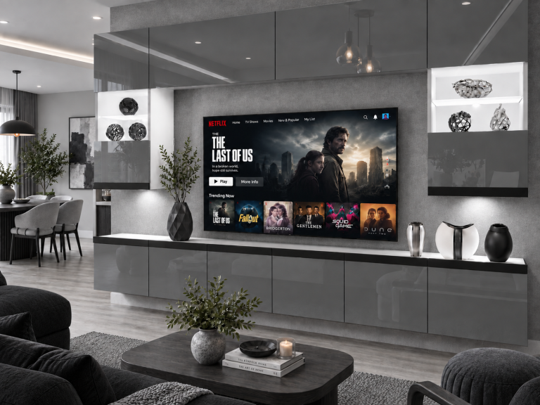 Meblościanka Prestige 300 cm TV/RTV szara połysk Producent IMP P1 Nolan 1/5/W/S/0/0/CM