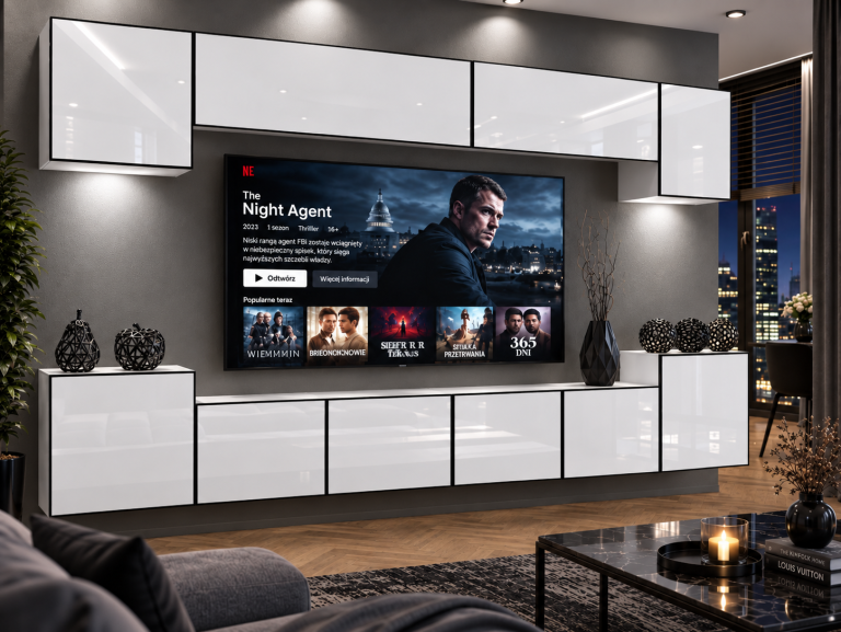 Meblościanka Linea 300 cm TV/RTV biała połysk Producent IMP L Hepburn 4/5/W/W/0/0