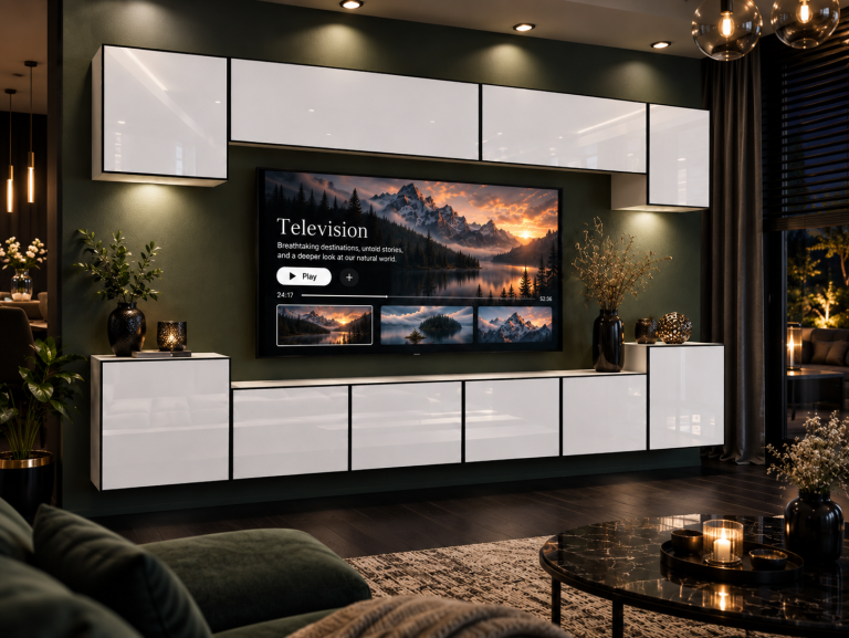 Meblościanka Linea 300 cm TV/RTV biała połysk Producent IMP L Hepburn 4/5/W/W/0/0