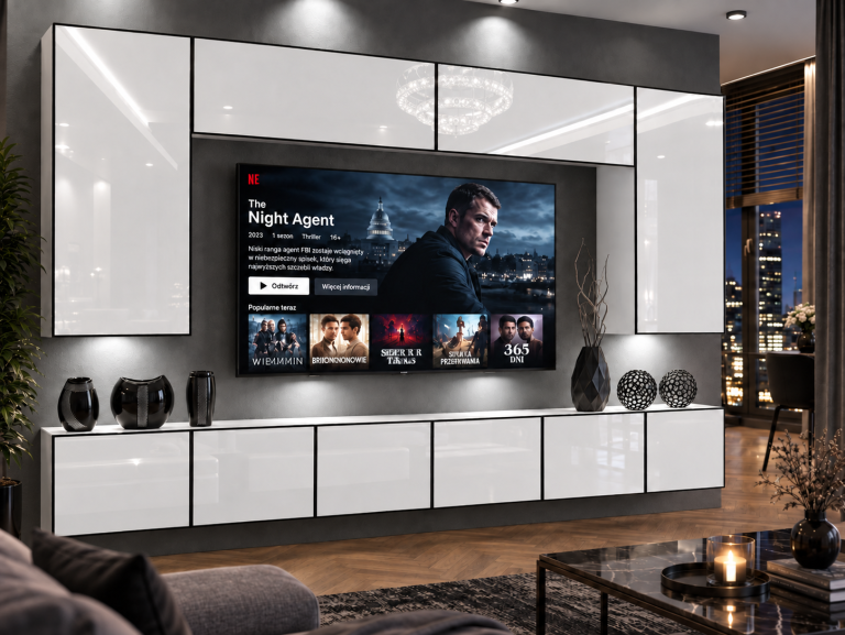 Meblościanka Linea 300 cm TV/RTV biała połysk Producent IMP L Monroe 2/5/W/W/0/0