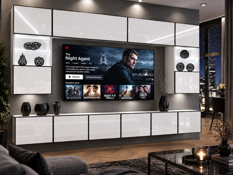 Meblościanka Linea 300 cm TV/RTV biała połysk Producent IMP L Nolan 1/5/W/W/0/0