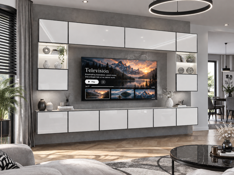 Meblościanka Linea 300 cm TV/RTV biała połysk Producent IMP L Nolan 1/5/W/W/0/0