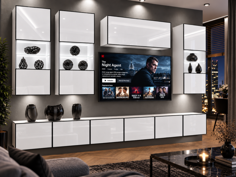 Meblościanka Linea 300 cm TV/RTV biała połysk Producent IMP L Pacino 5/5/W/W/0/0