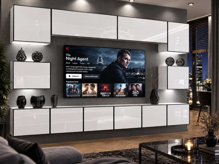 Meblościanka Linea 300 cm TV/RTV biała połysk Producent IMP L Tarantino 3/5/W/W/0/0