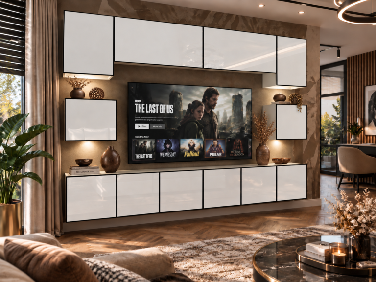 Meblościanka Linea 300 cm TV/RTV biała połysk Producent IMP L Tarantino 3/5/W/W/0/0