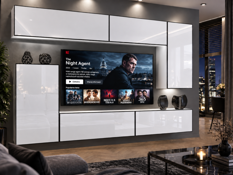 Meblościanka Linea 250 cm TV/RTV biała połysk Producent IMP L Woody 8/5/W/W/0/0