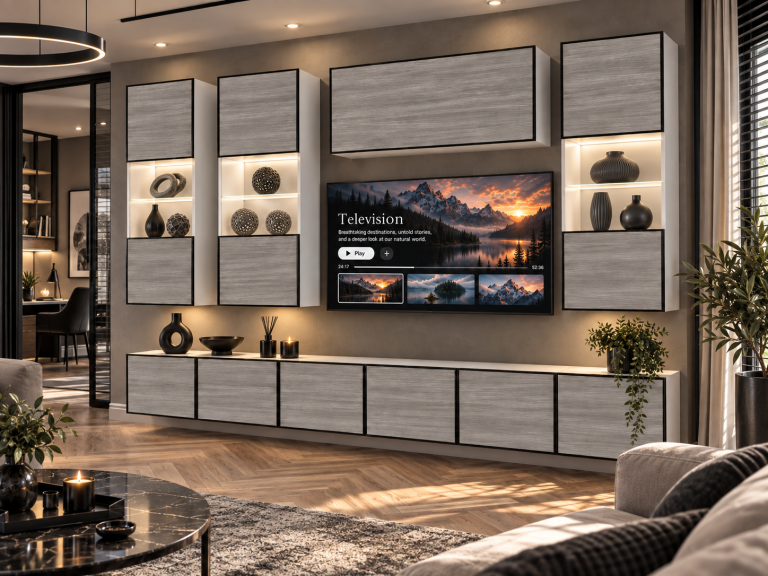 Meblościanka Linea 300 cm TV/RTV szary antracyt grafitowy Producent IMP L Pacino 5/5/W/GW1/0/0
