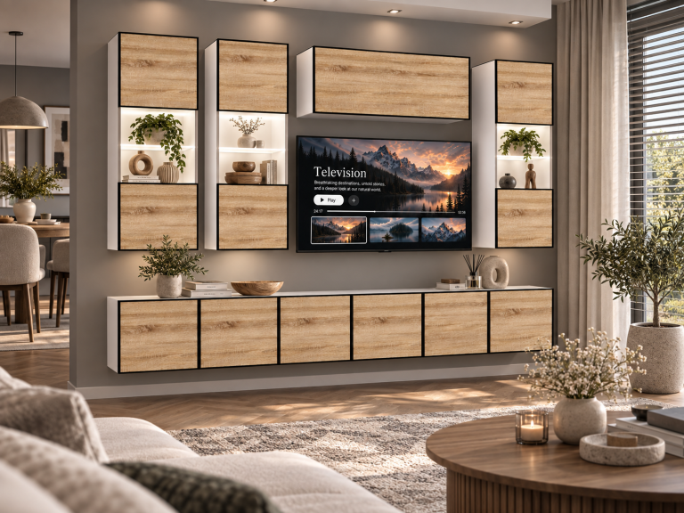 Meblościanka Linea 300 cm TV/RTV dębowa dąb wotan dąb sonoma Producent IMP L Pacino 5/5/W/DS/0/0
