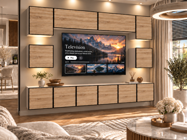 Meblościanka Linea 300 cm TV/RTV dębowa dąb wotan dąb sonoma Producent IMP L Tarantino 3/5/W/DS/0/0