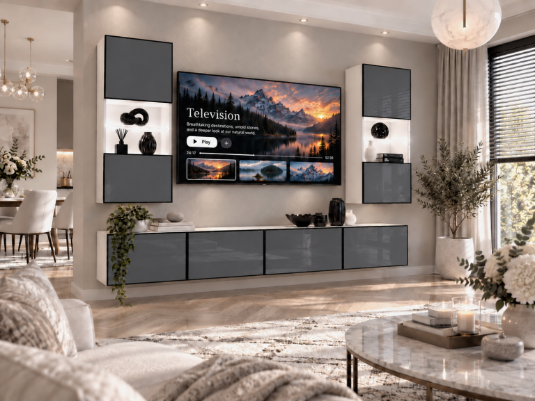 Meblościanka Linea 200 cm TV/RTV szara połysk Producent IMP L Keanu 7/5/W/S/0/0