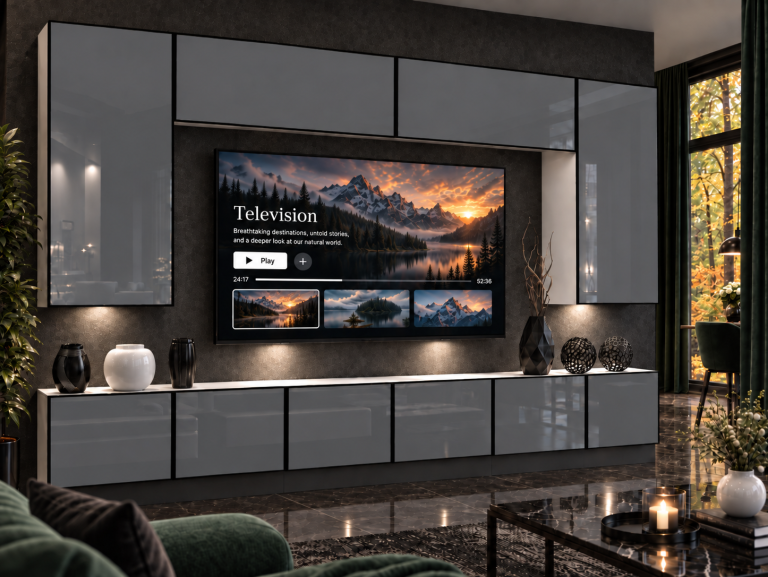 Meblościanka Linea 300 cm TV/RTV szara połysk Producent IMP L Monroe 2/5/W/S/0/0