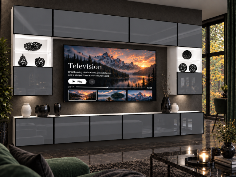 Meblościanka Linea 300 cm TV/RTV szara połysk Producent IMP L Nolan 1/5/W/S/0/0