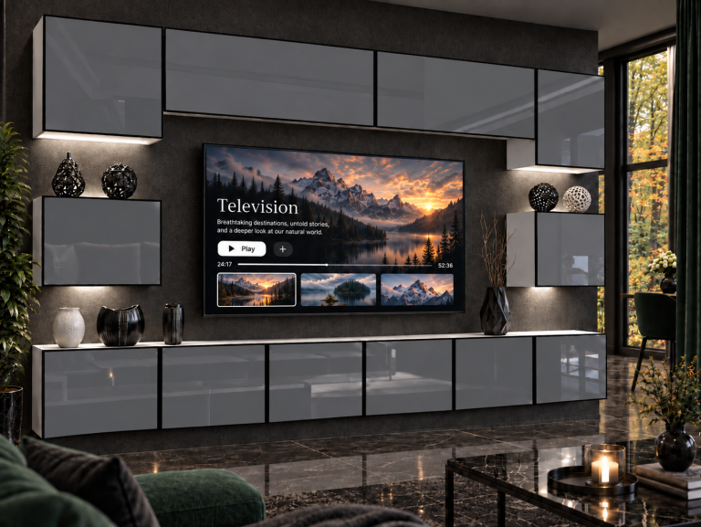 Meblościanka Linea 300 cm TV/RTV szara połysk Producent IMP L Tarantino 3/5/W/S/0/0