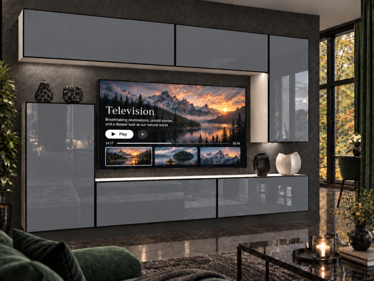 Meblościanka Linea 250 cm TV/RTV szara połysk Producent IMP L Woody 8/5/W/S/0/0
