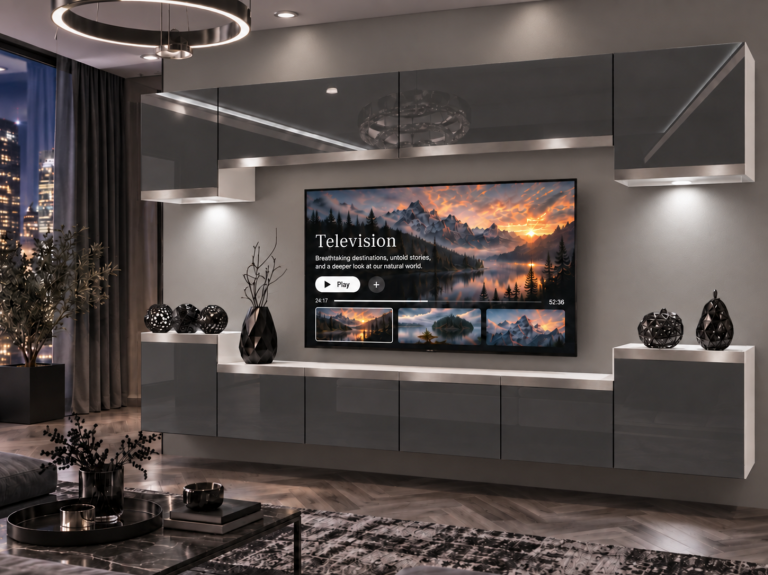 Meblościanka Prestige 300 cm TV/RTV szara połysk Producent IMP P Hepburn 4/5/W/S/0/0/SL
