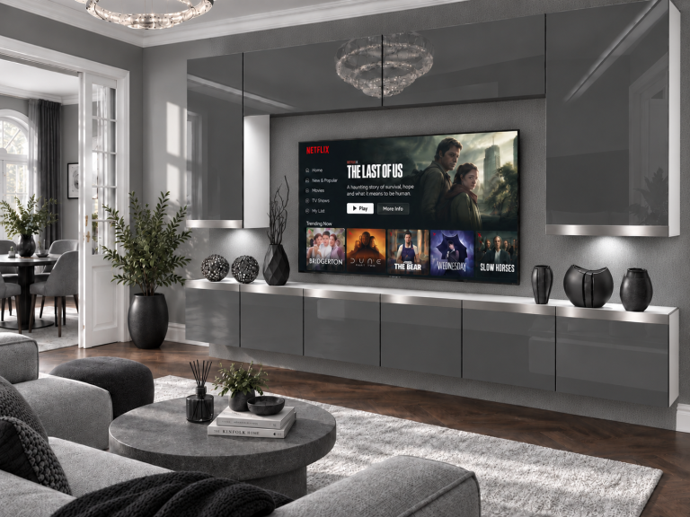 Meblościanka Prestige 300 cm TV/RTV szara połysk Producent IMP P Monroe 2/5/W/S/0/0/SL