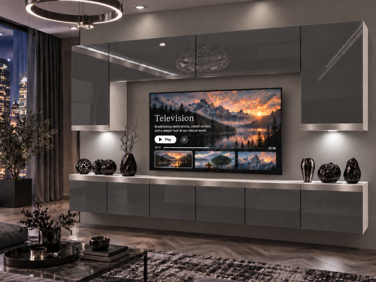 Meblościanka Prestige 300 cm TV/RTV szara połysk Producent IMP P Monroe 2/5/W/S/0/0/SL