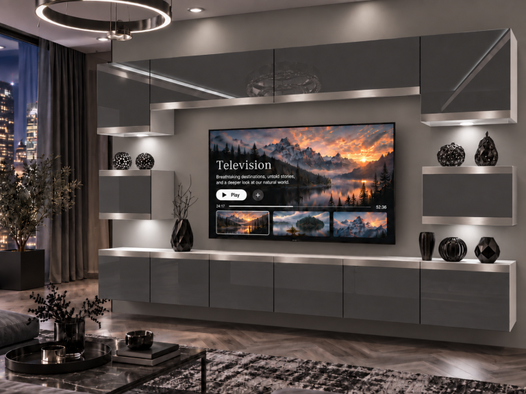 Meblościanka Prestige 300 cm TV/RTV szara połysk Producent IMP P Tarantino 3/5/W/S/0/0/SL