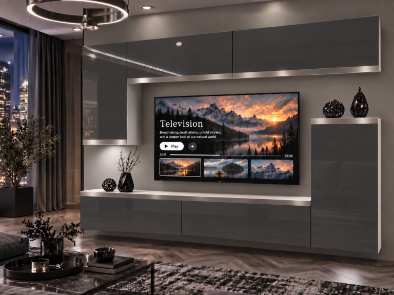 Meblościanka Prestige 250 cm TV/RTV szara połysk Producent IMP P Woody 8/5/W/S/0/0/SL