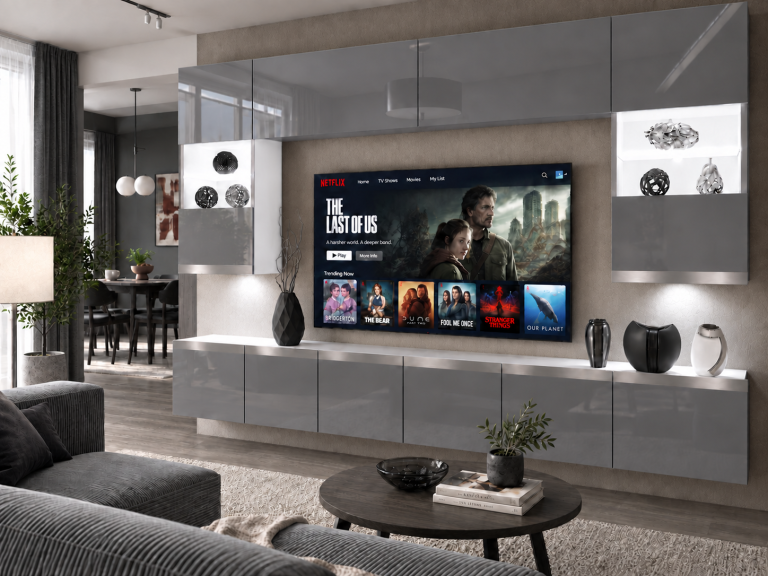 Meblościanka Prestige 300 cm TV/RTV szara połysk Producent IMP P1 Nolan 1/5/W/S/0/0/SL