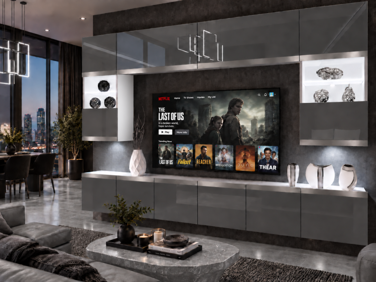 Meblościanka Prestige 300 cm TV/RTV szara połysk Producent IMP P2 Nolan 1/5/W/S/0/0/SL