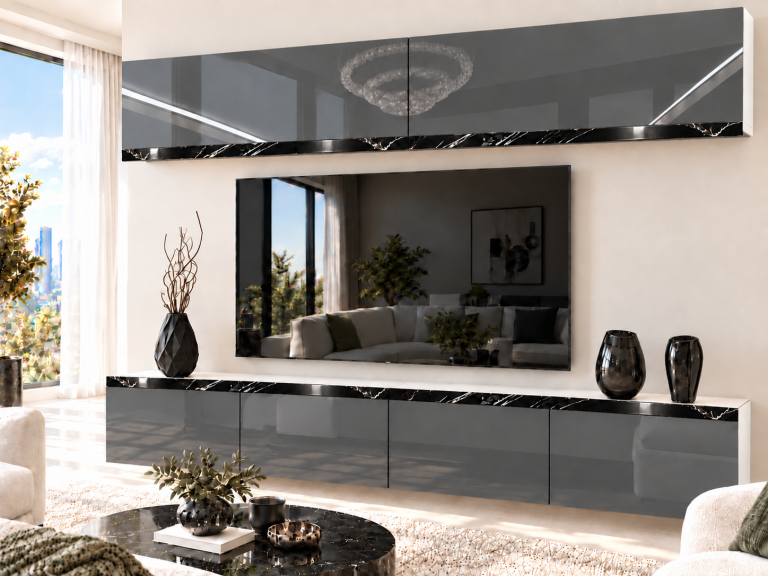 Meblościanka Prestige 200 cm TV/RTV szara połysk Producent IMP P Brando 6/5/W/S/0/0/CS