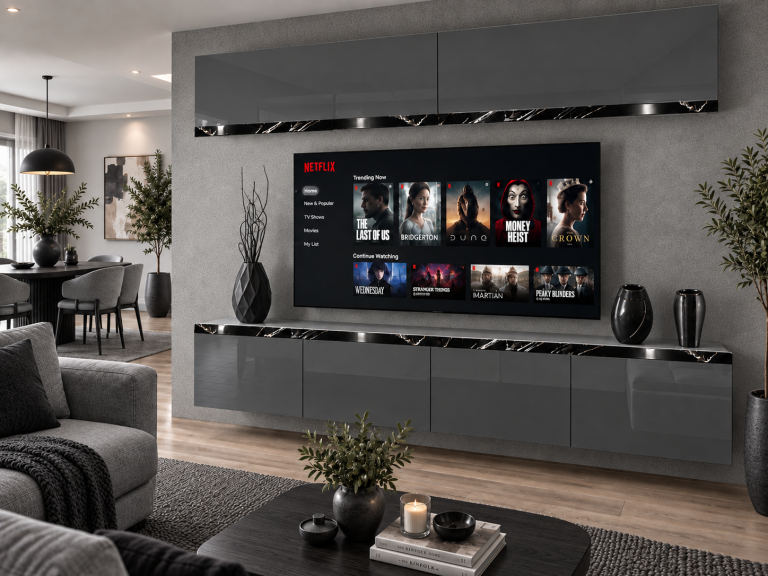Meblościanka Prestige 200 cm TV/RTV szara połysk Producent IMP P Brando 6/5/W/S/0/0/CS
