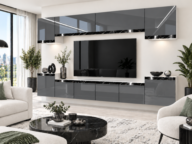 Meblościanka Prestige 300 cm TV/RTV szara połysk Producent IMP P Hepburn 4/5/W/S/0/0/CS