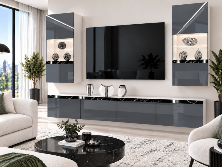 Meblościanka Prestige 200 cm TV/RTV szara połysk Producent IMP P Keanu 7/5/W/S/0/0/CS